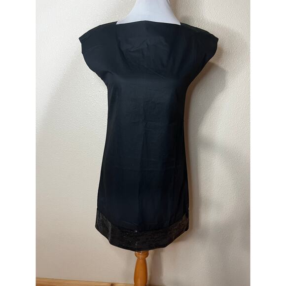 THEORY Womens Size 0 Black DRESA Cotton Shift Mini Dress with Sequin Band - Picture 1 of 8